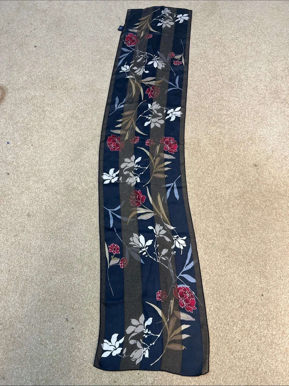 Charter Club 100% Silk Floral Oblong Scarf Navy Burgundy Brown
